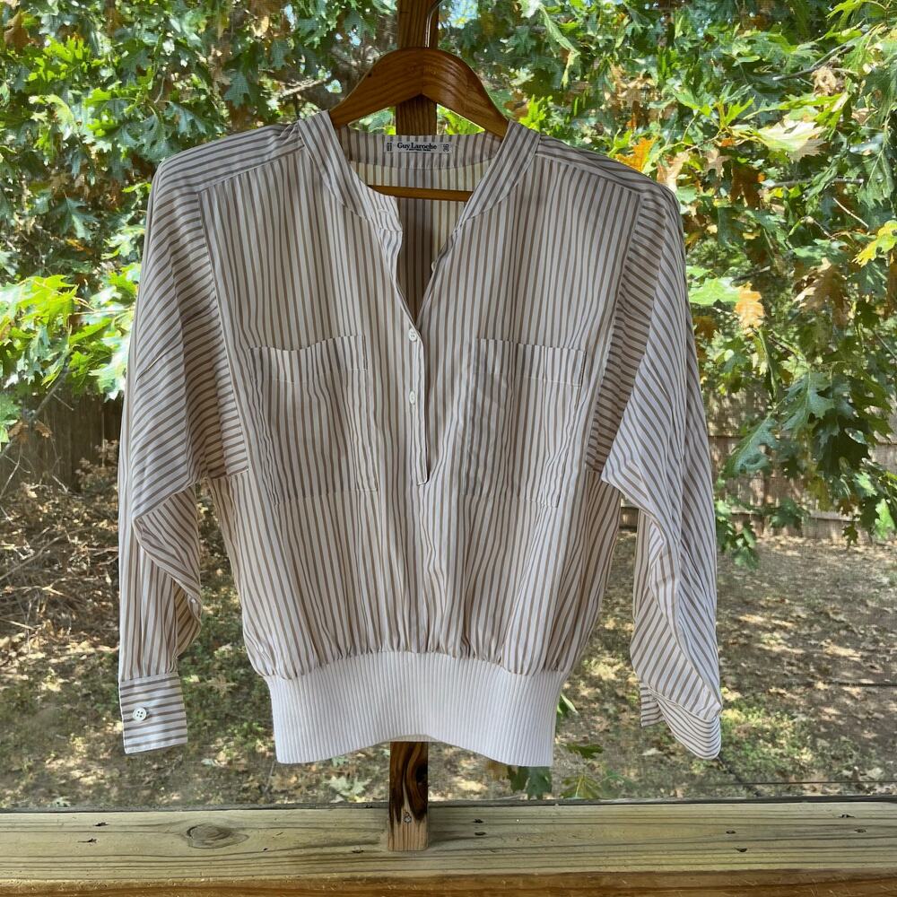 Guy Laroche Women's Vintage Tan & White Striped Blouse Size 6